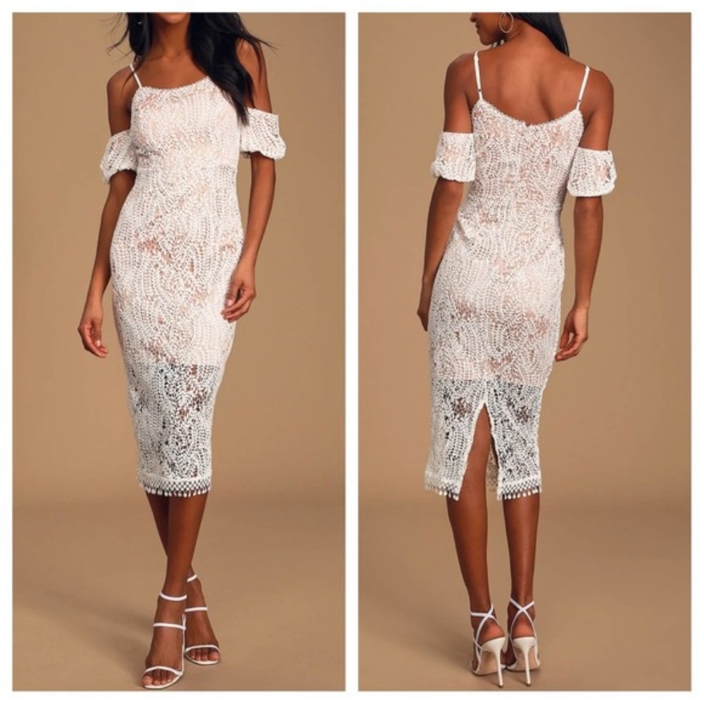 Cold-shoulder fitted midi dress in white Sz M